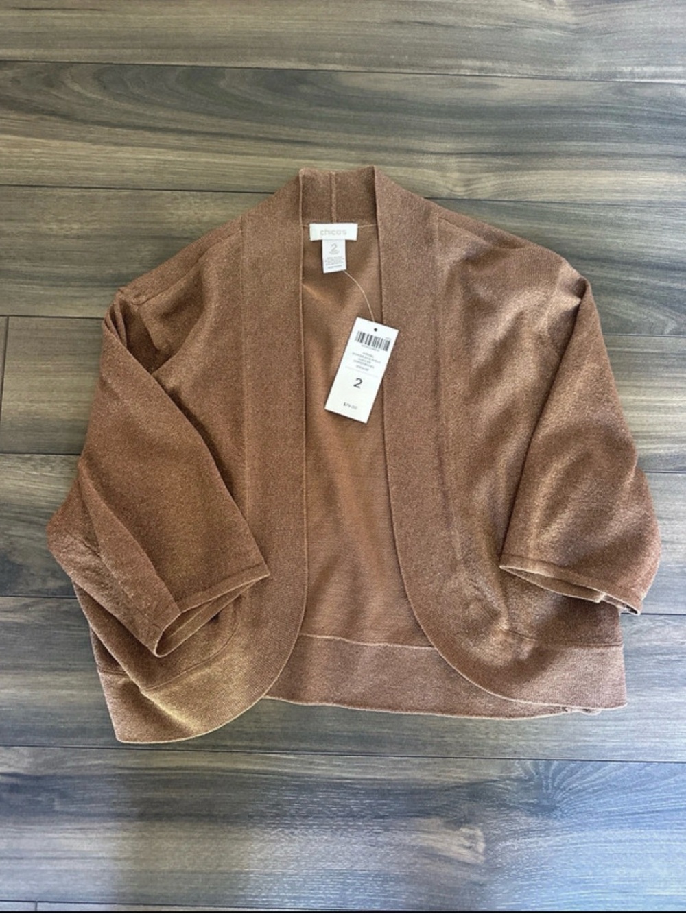 Chico's Cropped Open-Front Cardigan Shrug in Shimmer Metallic Bronze NWT